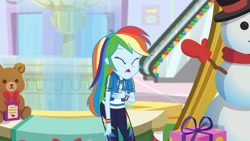 Size: 3410x1920 | Tagged: safe, derpibooru import, screencap, rainbow dash, equestria girls, equestria girls series, holidays unwrapped, spoiler:eqg series (season 2), clothes, cutie mark, cutie mark on clothes, dashing through the mall, eyes closed, female, geode of super speed, hoodie, jewelry, magical geodes, necklace, solo