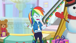 Size: 3410x1920 | Tagged: safe, derpibooru import, screencap, rainbow dash, equestria girls, equestria girls series, holidays unwrapped, spoiler:eqg series (season 2), angry, clothes, cutie mark, cutie mark on clothes, dashing through the mall, female, geode of super speed, hoodie, jewelry, magical geodes, necklace, rainbow dash is best facemaker, solo