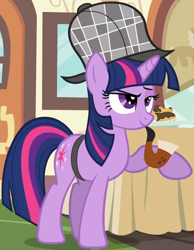 Size: 872x1121 | Tagged: safe, derpibooru import, screencap, twilight sparkle, unicorn twilight, pony, unicorn, mmmystery on the friendship express, bubble pipe, cropped, deerstalker, detective, female, hat, mare, pipe, sherlock holmes, sherlock sparkle, solo