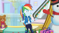 Size: 3410x1920 | Tagged: safe, derpibooru import, screencap, rainbow dash, equestria girls, equestria girls series, holidays unwrapped, spoiler:eqg series (season 2), angry, clothes, cutie mark, cutie mark on clothes, dashing through the mall, female, geode of super speed, hoodie, jewelry, magical geodes, necklace, rainbow dash is best facemaker, solo