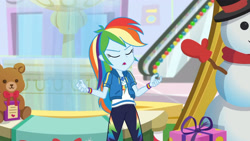 Size: 3410x1920 | Tagged: safe, derpibooru import, screencap, rainbow dash, equestria girls, equestria girls series, holidays unwrapped, spoiler:eqg series (season 2), clothes, cutie mark, cutie mark on clothes, dashing through the mall, eyes closed, female, geode of super speed, hoodie, jewelry, magical geodes, necklace, open mouth, solo