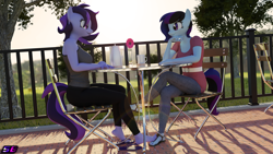 Size: 3840x2160 | Tagged: safe, artist:shadowboltsfm, derpibooru import, oc, oc:maple cake, oc:raven storm, anthro, plantigrade anthro, 3d, 4k, barefoot, blender, clothes, crossed legs, cute, feet, flip-flops, foot fetish, footsie, heel pop, lens flare, looking at each other, nail polish, not sfm, sandals, shoes off, sitting, smiling, tanktop, toes
