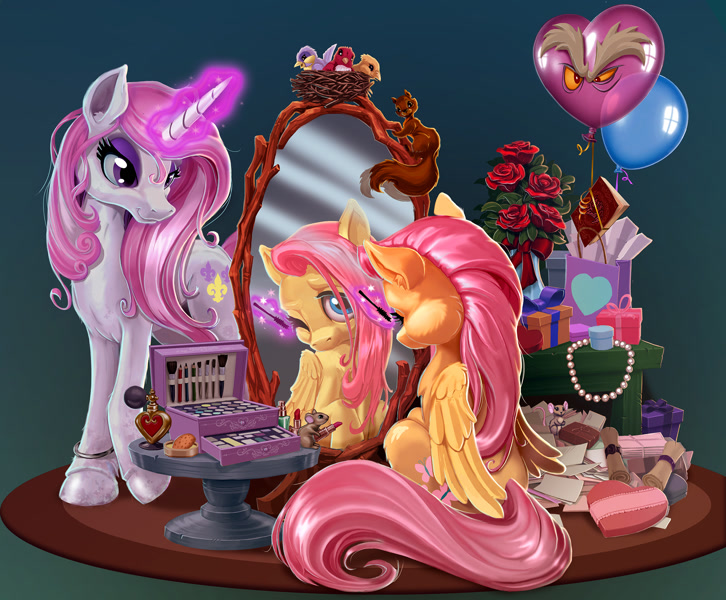 Size: 2250x1859 | Tagged: safe, artist:harwick, derpibooru import, discord, fleur-de-lis, fluttershy, bird, mouse, pegasus, pony, squirrel, unicorn, fanfic:anchor foal, balloon, book, box, bracelet, chocolate, disguise, fanfic art, featured image, female, flower, food, glowing horn, horn, jewelry, lipstick, makeup, male, mare, mirror, necklace, nest, perfume, rose, scroll