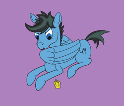 Size: 1058x900 | Tagged: safe, artist:ononim, derpibooru import, oc, oc:repentant anon, pegasus, pony, angry, bell pepper, colored sketch, food, grooming, lying down, male, pepper, preening, prone, purple background, simple background, solo, stallion
