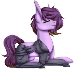 Size: 727x681 | Tagged: safe, artist:song-star, derpibooru import, oc, oc only, oc:nebula patroler, cyborg, pegasus, pony, commission, cyber-questria, eyes closed, female, lying down, mare, prone, prosthetic limb, prosthetics, simple background, solo, transparent background