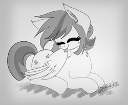 Size: 2000x1650 | Tagged: safe, artist:saveraedae, derpibooru import, oc, oc only, oc:double w, pegasus, pony, cute, eyes closed, female, grayscale, grooming, licking, monochrome, preening, sketch, solo, tongue, tongue out, wings