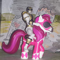 Size: 1280x1282 | Tagged: safe, artist:dex stewart, derpibooru import, earth pony, human, pony, action figure, hasbro, irl, merchandise, mighty morphin power rangers, morphin pink pony, official, photo, pink ranger, power rangers, riding a pony, toy, white ranger