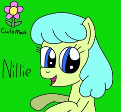 Size: 753x698 | Tagged: safe, artist:yorkyloves, derpibooru import, oc, oc:nillie, earth pony, pony, ask, ask juby, cutie mark, female, flower, green background, hooves, hooves up, mare, open mouth, rearing, signature, simple background, smiling, tumblr, underhoof