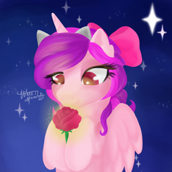 Size: 2066x2066 | Tagged: safe, artist:waretmilout, derpibooru import, alicorn, pony, commission, cute, flower, light, night, pink, purple, romantic, rose, stars