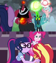 Size: 1920x2160 | Tagged: safe, derpibooru import, edit, edited screencap, screencap, cozy glow, lord tirek, pinkie pie, queen chrysalis, sci-twi, sunset shimmer, twilight sparkle, twilight sparkle (alicorn), alicorn, centaur, changeling, changeling queen, pony, better together, equestria girls, forgotten friendship, the ending of the end, alicornified, cozycorn, female, geode of sugar bombs, geode of telekinesis, glasses, magical geodes, race swap, ultimate chrysalis