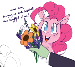 Size: 832x741 | Tagged: safe, artist:hattsy, pinkie pie, oc, oc:anon, earth pony, human, pony, bouquet, female, flower, male, mare, offscreen character, pov, simple background, solo focus, talking to viewer, white background