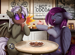 Size: 3509x2550 | Tagged: safe, artist:pridark, oc, oc only, bat pony, pony, bat pony oc, cafe, chocolate, commission, cookie, cup, duo, eyes closed, fire, food, high res, hot chocolate, indoors, open mouth, plate, sitting, table, whipped cream