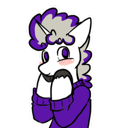 Size: 1080x1080 | Tagged: safe, artist:wishwasher, oc, oc:boysenberry, pony, unicorn, blushing, clothes, purple eyes, simple background, solo, sweater, transparent background, two toned mane, unshorn fetlocks