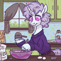 Size: 3600x3600 | Tagged: safe, artist:violettacamak, rainbow dash, oc, oc:boysenberry, pony, unicorn, bipedal, clothes, cooking, cum jar, kitchen, purple eyes, sweater, two toned mane, two toned tail, unicorn oc, unshorn fetlocks, white coat