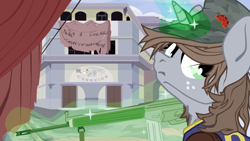 Size: 1820x1024 | Tagged: safe, artist:aaronmk, derpibooru import, oc, oc:littlepip, classical hippogriff, hippogriff, pony, unicorn, fallout equestria, carnation revolution, clothes, female, freckles, gun, hat, magic, magic aura, mare, portuguese, solo, vault suit, vector, weapon