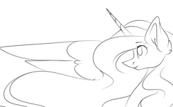 Size: 1080x667 | Tagged: safe, artist:tessa_key_, derpibooru import, princess celestia, alicorn, pony, ear fluff, ears, female, horn, lineart, mare, monochrome, simple background, solo, white background, wings