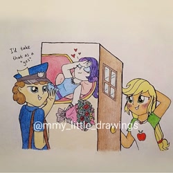 Size: 1079x1079 | Tagged: safe, artist:mmy_little_drawings, derpibooru import, applejack, rarity, better together, equestria girls, blushing, bouquet, clothes, comic, eyelashes, fainting couch, female, flower, freckles, geode of shielding, geode of super strength, grin, hat, heart, lesbian, magical geodes, mailmare, male, obtrusive watermark, open mouth, rarijack, rarity peplum dress, shipping, smiling, talking, traditional art, watermark