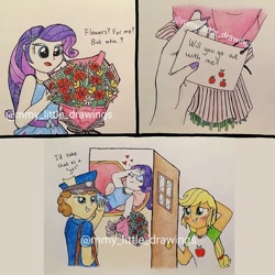 Size: 1080x1080 | Tagged: safe, artist:mmy_little_drawings, derpibooru import, applejack, rarity, equestria girls, blushing, bouquet, clothes, comic, dialogue, eyelashes, fainting couch, female, flower, freckles, grin, hat, heart, lesbian, mailmare, male, obtrusive watermark, open mouth, rarijack, shipping, smiling, solo, traditional art, watermark