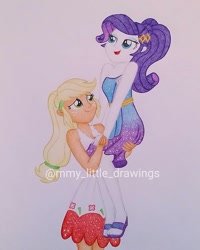 Size: 1079x1349 | Tagged: safe, artist:mmy_little_drawings, derpibooru import, applejack, rarity, better together, equestria girls, spring breakdown, clothes, dress, eyelashes, feet, female, freckles, lesbian, looking up, obtrusive watermark, rarijack, sandals, shipping, sleeveless, smiling, traditional art, watermark