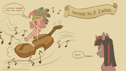 Size: 3840x2164 | Tagged: safe, artist:icychamber, derpibooru import, pinkie pie, twilight sparkle, unicorn twilight, earth pony, pony, unicorn, duo, eyes closed, headdress, music notes, musical instrument, simple background, speech bubble, violin