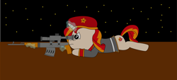 Size: 2801x1271 | Tagged: safe, artist:eminent entropy, derpibooru exclusive, derpibooru import, sunset shimmer, pony, unicorn, clothes, command and conquer, command and conquer: red alert, command and conquer: red alert 3, crossover, cutie mark, female, gun, horn, magic, natasha volkova, optical sight, red alert, red alert 3, rifle, scope, sniper, sniper rifle, sniperskya vintovka dragunova, solo, soviet, soviet shimmer, soviet union, stars, uniform, weapon