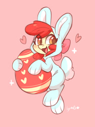 Size: 765x1024 | Tagged: safe, artist:colorfulcolor233, derpibooru import, apple bloom, earth pony, pony, adorabloom, animal costume, bunny costume, clothes, costume, cute, easter, easter bunny, easter egg, female, filly, heart, holiday, kigurumi, open mouth, red background, simple background, solo