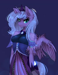 Size: 1581x2048 | Tagged: safe, artist:siripim111, derpibooru import, princess luna, alicorn, anthro, breasts, clothes, crown, dark blue background, ear fluff, ears, female, jewelry, lens flare, looking at you, mare, regalia, simple background, solo, wing fluff