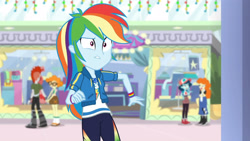 Size: 3410x1920 | Tagged: safe, derpibooru import, screencap, rainbow dash, scribble dee, better together, equestria girls, holidays unwrapped, clothes, cutie mark, cutie mark on clothes, dashing through the mall, female, geode of super speed, hoodie, jewelry, magical geodes, male, necklace, solo focus