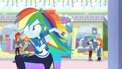 Size: 3410x1920 | Tagged: safe, derpibooru import, screencap, rainbow dash, scribble dee, better together, equestria girls, holidays unwrapped, clothes, cutie mark, cutie mark on clothes, dashing through the mall, female, geode of super speed, hoodie, jewelry, magical geodes, male, necklace, rainbow trail, running, solo focus