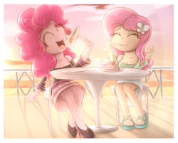 Size: 1221x984 | Tagged: safe, artist:phoenixrk49, derpibooru import, fluttershy, pinkie pie, equestria girls, cake, clothes, cloud, cute, diapinkes, eating, eyes closed, fence, food, fruit, hairpin, open mouth, sandals, shoes, shyabetes, sitting, strawberry, sunset, toes