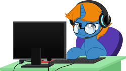 Size: 800x451 | Tagged: safe, artist:jhayarr23, derpibooru import, oc, oc:jack chestnut, pony, computer, headphones, male, simple background, solo, stallion, transparent background