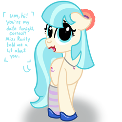 Size: 1200x1200 | Tagged: safe, artist:dafiltafish, derpibooru import, coco pommel, earth pony, pony, clothes, jewelry, lipstick, looking at you, necklace, simple background, socks, text, white background