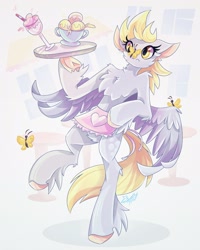 Size: 2000x2500 | Tagged: safe, artist:alexbluebird, derpibooru import, derpy hooves, butterfly, pegasus, semi-anthro, apron, butterfly on nose, cheek fluff, chest fluff, clothes, fetlock tuft, fluffy, food, ice cream, insect on nose, solo, startled, waitress