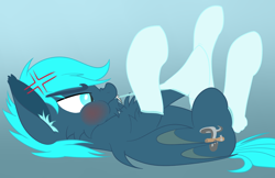 Size: 2728x1770 | Tagged: safe, artist:justapone, derpibooru import, oc, oc:guttatus, bat pony, pony, angry, bat pony oc, biting, clothes, colored, colored lineart, ear fluff, ears, frown, lineart, lying down, mouth hold, on back, pulling, pulling clothes, scrunchy face, simple background, socks, solo, teeth, unshorn fetlocks