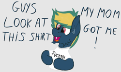 Size: 2894x1736 | Tagged: safe, artist:justapone, derpibooru import, oc, oc only, oc:coda, bat pony, pony, art trade, bat pony oc, cheek fluff, clothes, colored, colored sketch, dialogue, ear fluff, ears, fangs, happy, innocent, male, oblivious, open mouth, red eyes, shirt, simple background, smiling, solo, stallion, teeth, two toned mane, unshorn fetlocks, vulgar, white background, white shirt