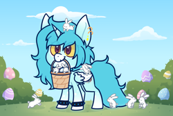 Size: 3000x2000 | Tagged: safe, artist:jetjetj, derpibooru import, part of a set, oc, oc:nuka quantum, alicorn, pony, rabbit, animal, basket, chibi, easter egg, female, mare, mouth hold, solo, spiked wristband, two toned wings, wings, wristband