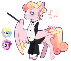 Size: 1280x1099 | Tagged: safe, artist:babypaste, derpibooru import, derpy hooves, princess cadance, oc, oc:coiled rhythums, alicorn, pegasus, pony, conductor's baton, maestro, magical lesbian spawn, offspring, parent:derpy hooves, parent:princess cadance, screencap reference, simple background, white background, wing hold