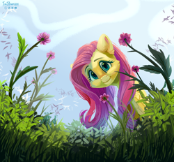 Size: 3000x2786 | Tagged: safe, artist:teaflower300, derpibooru import, fluttershy, pegasus, pony, cute, female, flower, grass, happy, looking at you, mare, shyabetes, sky, smiling, solo