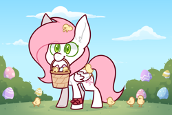 Size: 3000x2000 | Tagged: safe, artist:jetjetj, derpibooru import, part of a set, oc, oc:sugar morning, pegasus, pony, basket, chibi, chick, commission, easter egg, female, mare, mouth hold, solo, ych result