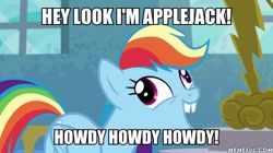 Size: 600x337 | Tagged: safe, derpibooru import, edit, edited screencap, screencap, rainbow dash, newbie dash, caption, forthright filly, howdy, image macro, memeful.com, text, toy story