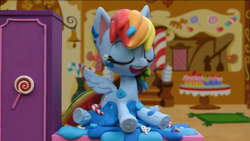 Size: 1920x1080 | Tagged: safe, derpibooru import, screencap, rainbow dash, pony, my little pony: pony life, my little pony: stop motion short, cake, food, laughing, solo, stop motion