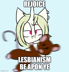 Size: 500x525 | Tagged: safe, artist:leola-kittycorn, derpibooru import, oc, oc:sardonic ardor, rat, caption, image macro, impact font, implied lesbian, looking at you, meme, motion blur, ponified, ponified meme, ponysona, smiling, smirk, smug, talking to viewer, text