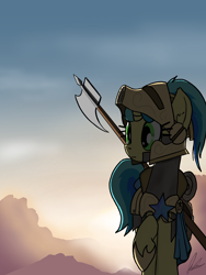 Size: 3000x4000 | Tagged: safe, artist:flaremoon, derpibooru import, oc, oc:mercury haze, pony, unicorn, armor, female, guard, guardsmare, mare, royal guard, solo, sunset, walking, weapon