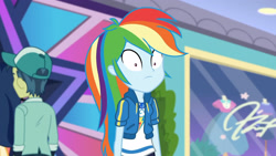 Size: 3410x1920 | Tagged: safe, derpibooru import, screencap, rainbow dash, equestria girls, equestria girls series, holidays unwrapped, spoiler:eqg series (season 2), clothes, cutie mark, cutie mark on clothes, dashing through the mall, faic, female, geode of super speed, hoodie, jewelry, magical geodes, male, necklace, rainbow dash is best facemaker, solo focus, wide eyes