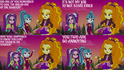 Size: 1280x720 | Tagged: safe, derpibooru import, edit, edited screencap, editor:quoterific, screencap, adagio dazzle, aria blaze, sonata dusk, equestria girls, equestria girls series, sunset's backstage pass!, spoiler:eqg series (season 2), female, music festival outfit, sunset, the dazzlings