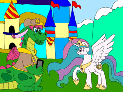 Size: 1032x774 | Tagged: safe, artist:wolfspiritclan, derpibooru import, alicorn, dragon, canterlot, canterlot castle, clothes, crossover, disney, disney dragon, elliott, pony princess, sailor, uniform