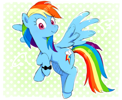 Size: 2421x1998 | Tagged: safe, artist:nendo, derpibooru import, rainbow dash, pegasus, pony, bow, bracelet, cute, dashabetes, flying, jewelry, ribbon, solo, spread wings, wings