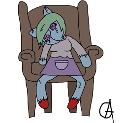 Size: 1000x1000 | Tagged: safe, artist:gotharts, derpibooru exclusive, derpibooru import, oc, oc:rickety plush, anthro, broodmother, button eyes, chair, clothes, doll, dress, female, simple background, sitting, solo, stitches, toy, transparent background, watermark