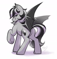 Size: 1871x1915 | Tagged: safe, artist:amishy, derpibooru import, oc, oc only, bat pony, pony, lidded eyes, looking at you, looking back, smiling, solo, spread wings, wings