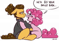 Size: 2048x1427 | Tagged: safe, artist:lrusu, derpibooru import, cheese sandwich, pinkie pie, earth pony, pony, the last laugh, cheesepie, clothes, dialogue, female, hug, male, sad, shipping, smiling, straight, sweater